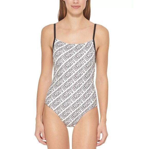 DKNY Womens Size Medium Logo-Print One-Piece Swimsuit in White & Black $108 2031 - Picture 1 of 7
